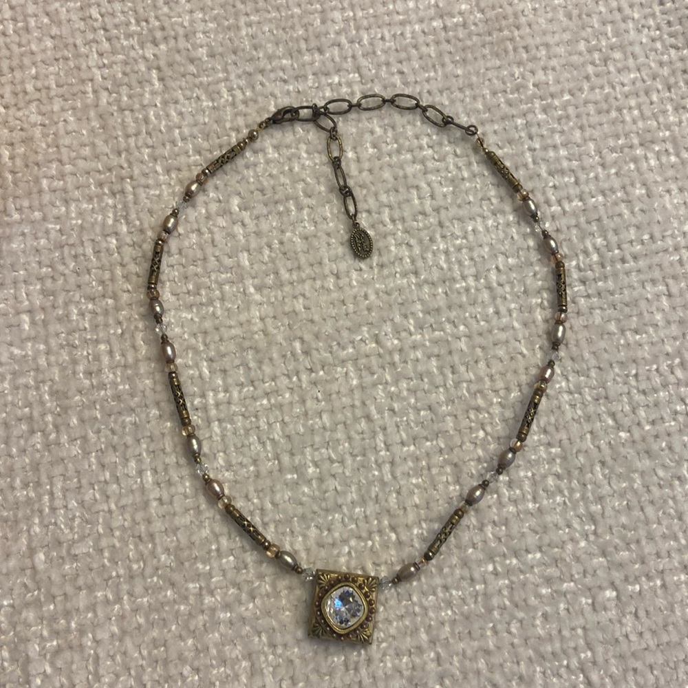 Michal Golan Beaded Fresh Pearl Necklace Gold-tone Rhinestone pendant